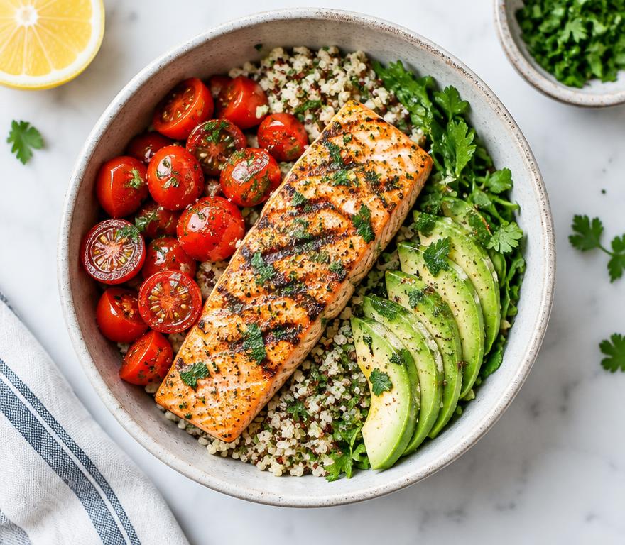 Salmon, quinoa and vegetable bowl