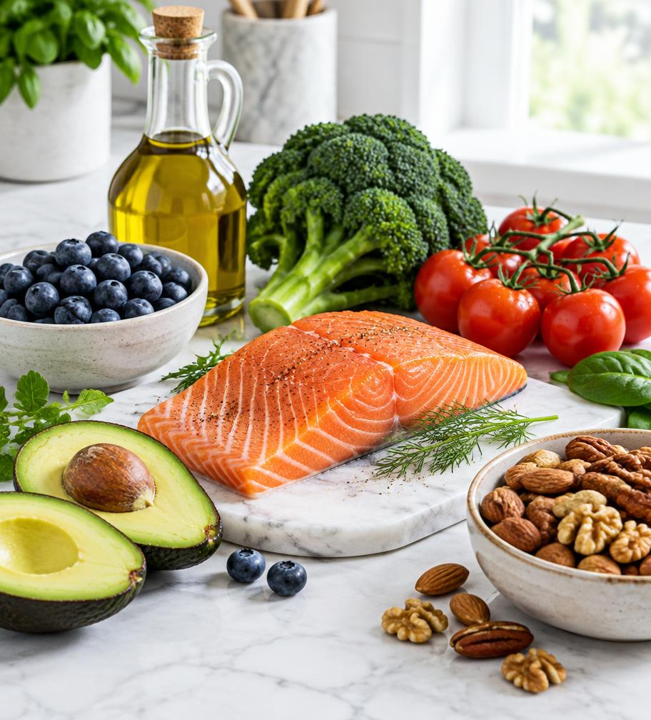 Selection of longevity foods on marble
